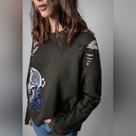 ZADIG & VOLTAIRE Dark Green Skull Embroidered Sweater - Picture 1 of 8